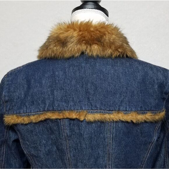 Nine West Vintage Rare Cropped Dark Wash Denim Teddy Bear Brown Faux Fur Jacket - Picture 10 of 12